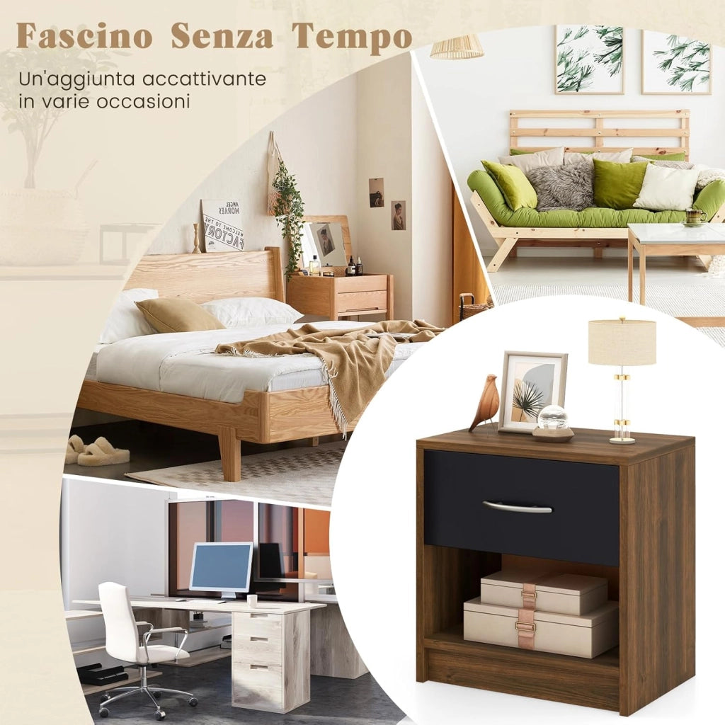 COSTWAY Comodino 38,5 x 28 x 40,5cm in Legno, Tavolino Salvaspazio con Scomparto Aperto e Casseto per Soggiorno e Camera da Letto (Marrone+Nero)