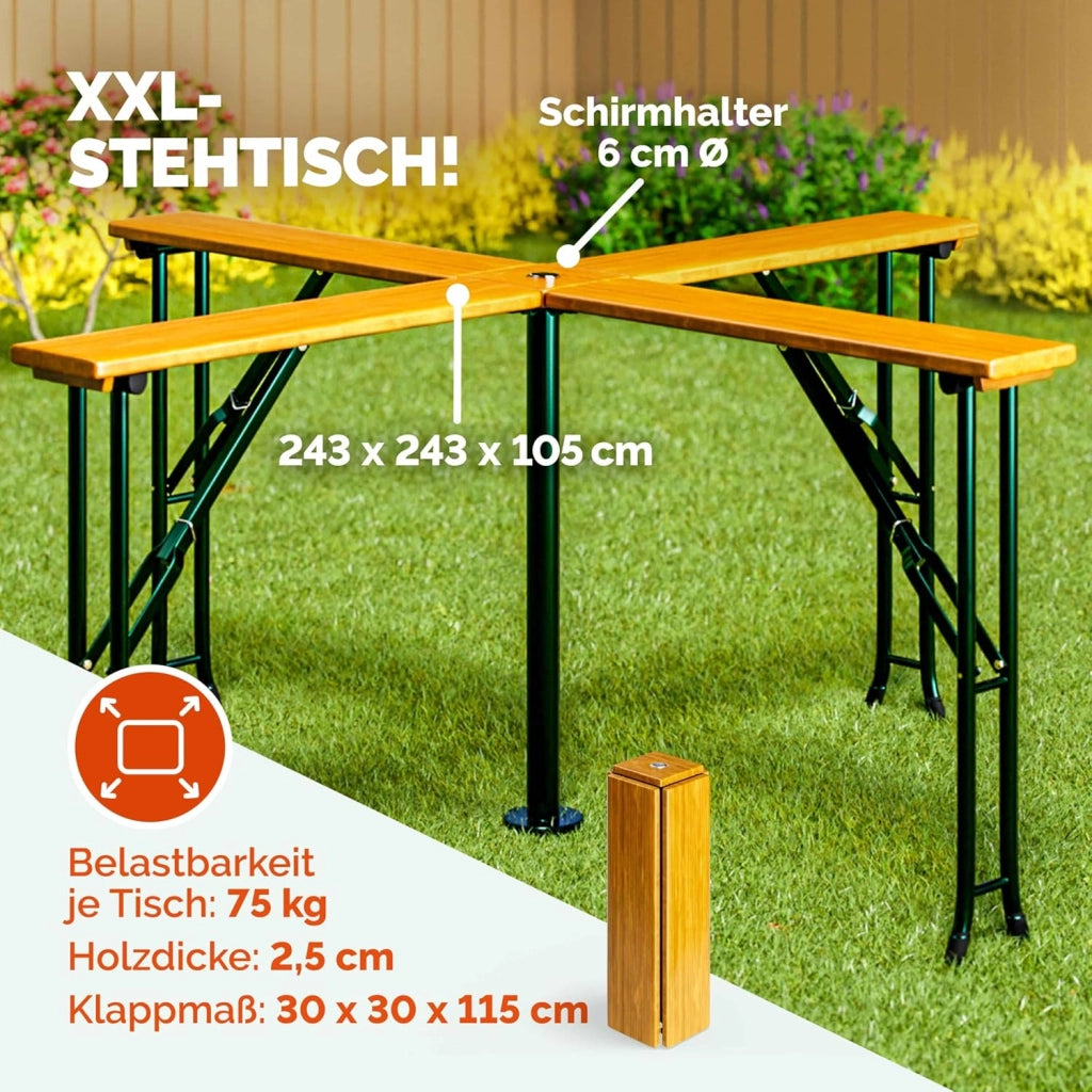 Tavolo Quattro XXL Alto Set Birreria 20 Persone con Supporto Ombrellone Pieghevole Legno Fiere