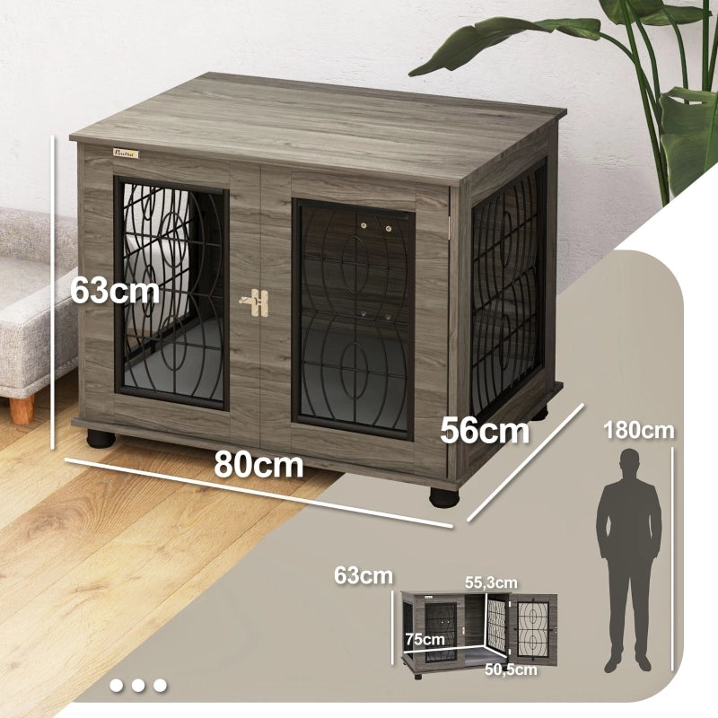 Cuccia per cani con cuscino lavabile e piano superiore in legno grigio con porta chiudibile 80 × 56 × 63 cm