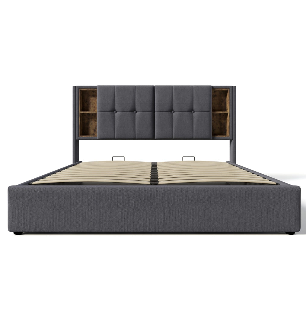 Letto matrimoniale ULEVR 180x200 cm con contenitore, ricarica wireless, 2 USB e Type-C, cotone grigio