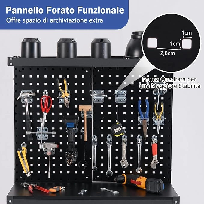 Banco da Lavoro con Piano da 80 x 40 cm, Banco da Lavoro Officina con Pannello Forato e 20 Ganci Porta Attrezzi, Tavolo da Lavoro per Garage con Cassetto e 2 Mensole (Nero)