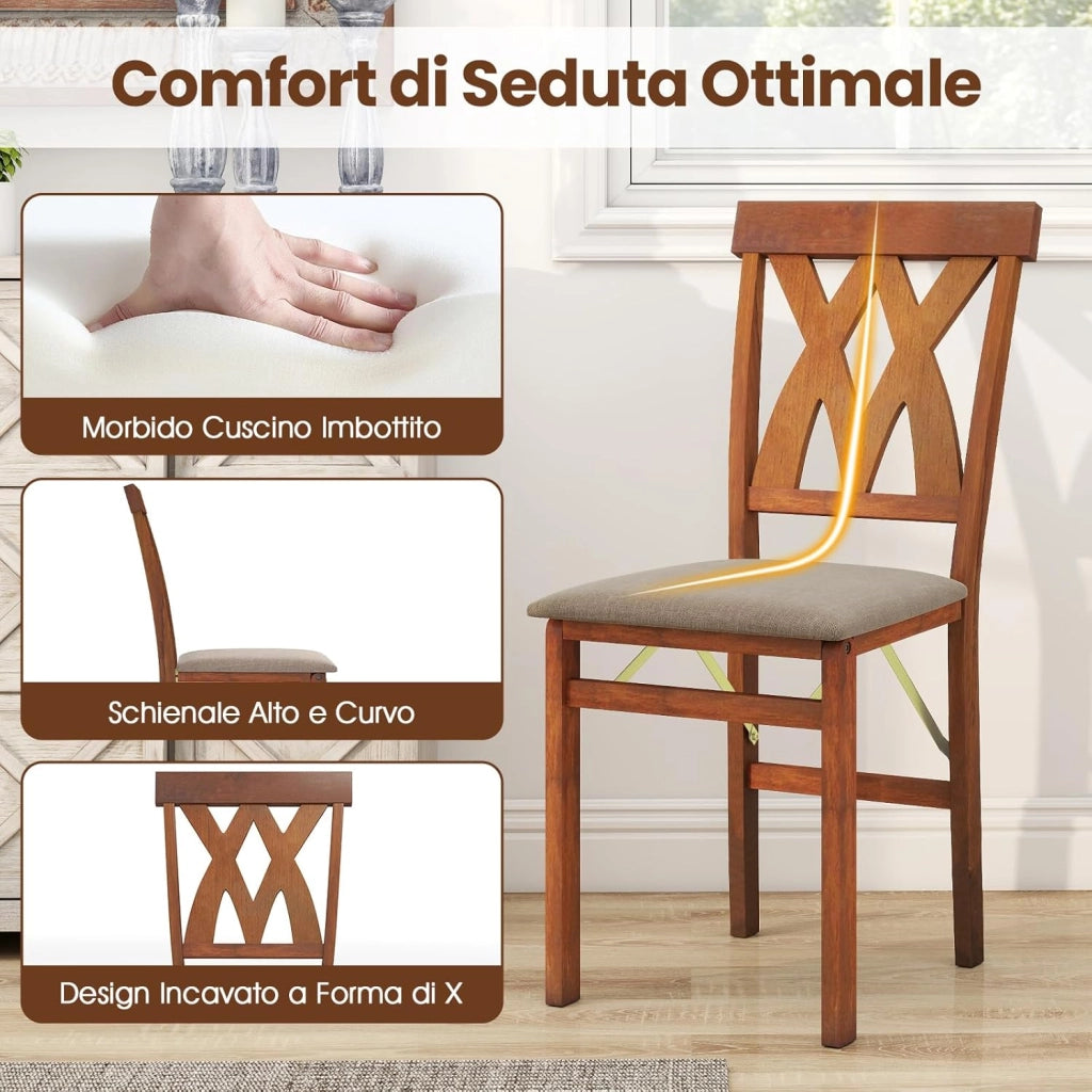 Set di 2 Sedie Pieghevoli, Sedie Ergonomiche di Gomma Senza Braccioli con Struttura in Legno di Gomma, Seduta Pieghevole da Pranzo con Schienale Curvo per Ristorante, Portata 150 kg (Marrone)