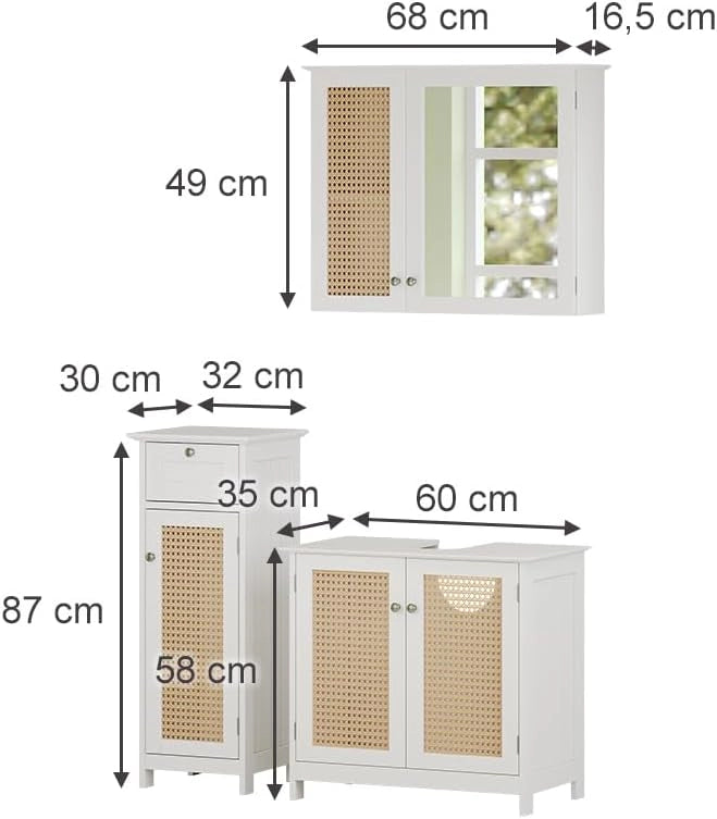 Set di mobili da bagno Rosario, Bianco, 60 cm, composto da mobile sottolavabo, specchiera e mobile medio