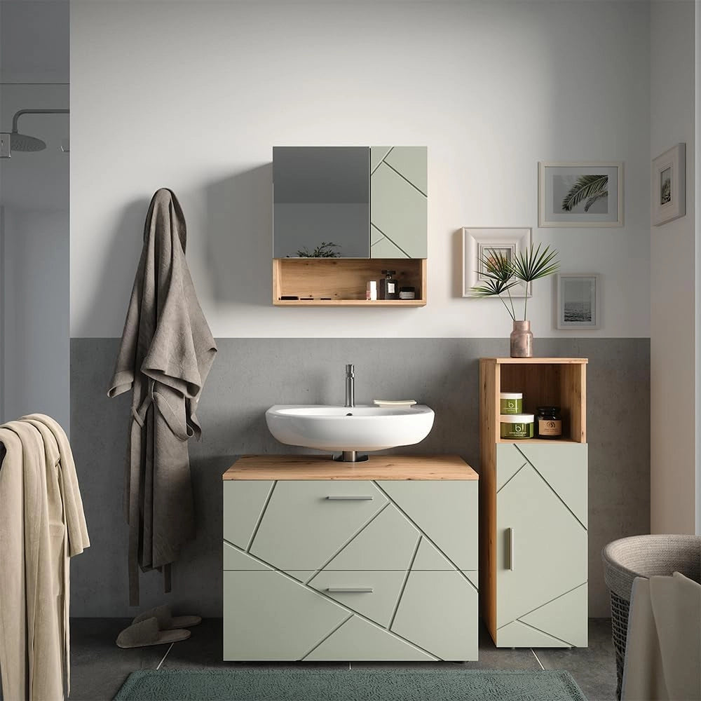 Set di mobili da bagno Irma, Verde salvia, 80 cm, composto da mobile sottolavabo, specchiera e mobile medio
