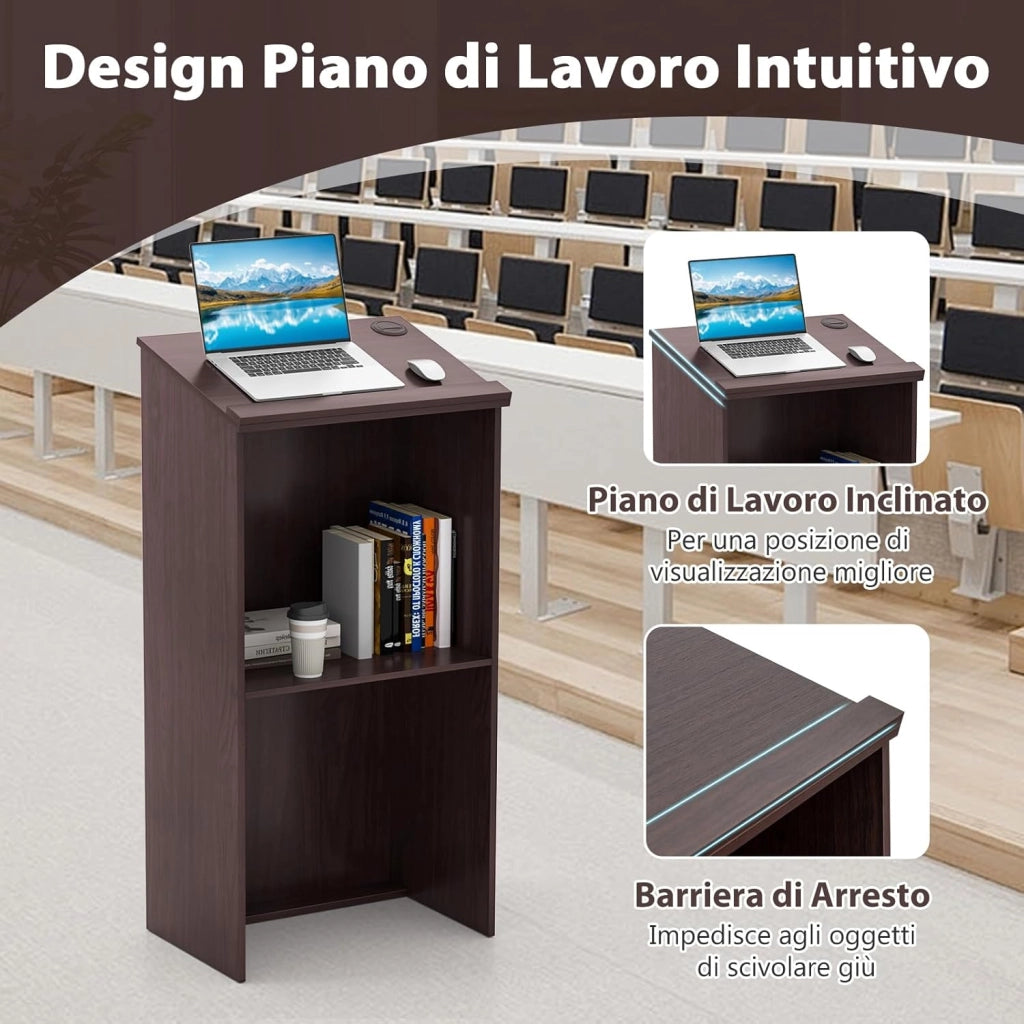 COSTWAY Leggio per Oratori, Podio per Conferenza con Ripiani e Fori per Cavi, Leggio da Pulpito in Legno per Aula, Ufficio, Ristorante e Seminario (Marrone)