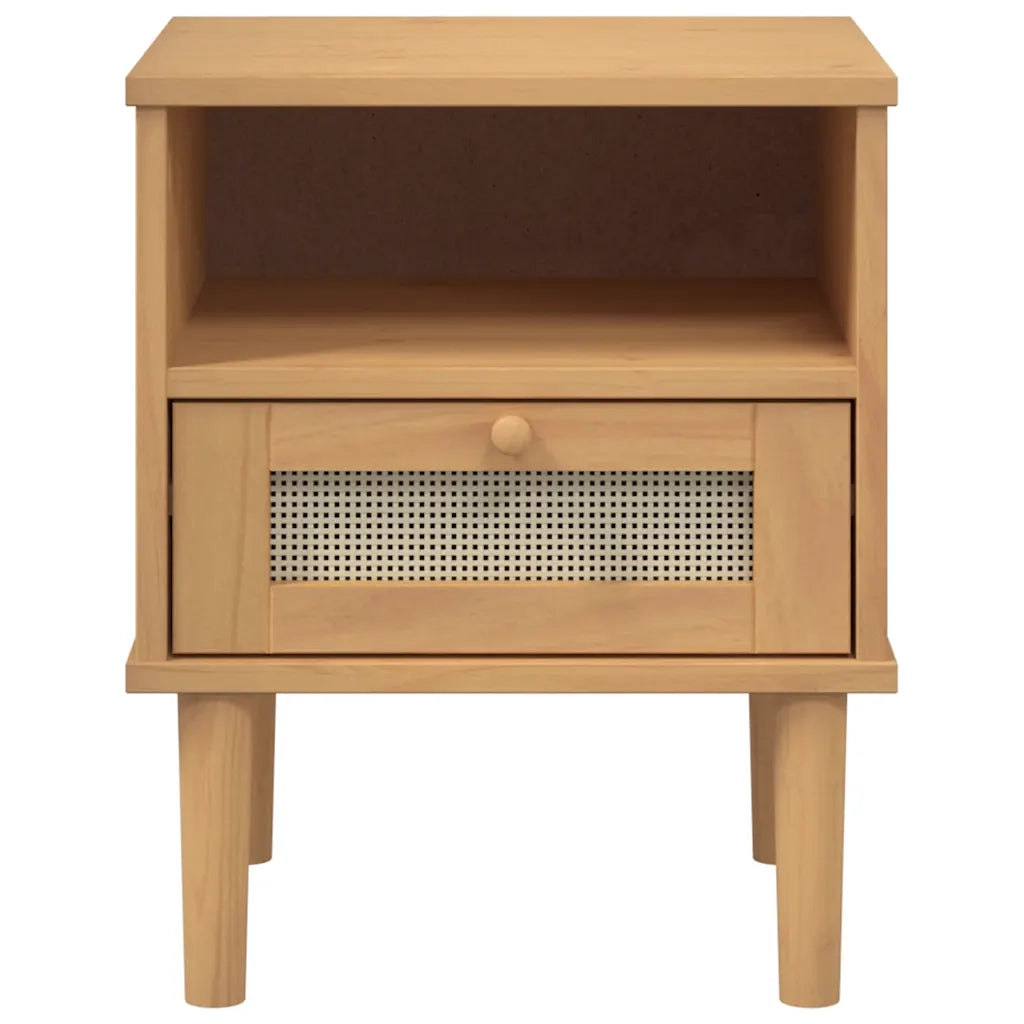 Comodino | Armadio da Notte | Mobiletto da notte SENJA Marrone Aspetto Rattan 40x35x48 cm in Legno Pino
