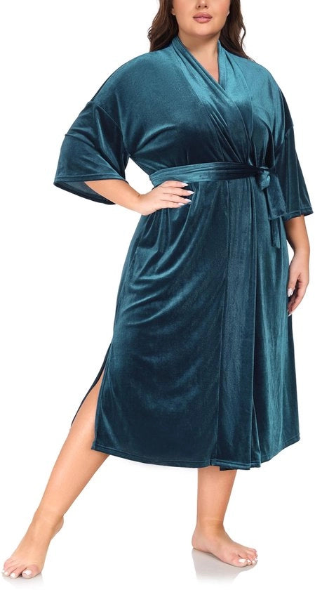 Camicia da bagno per donne plus size in tessuto spugna soffice con inserti di seta, lunga e leggera, badjas oversized accoglienti per donne.