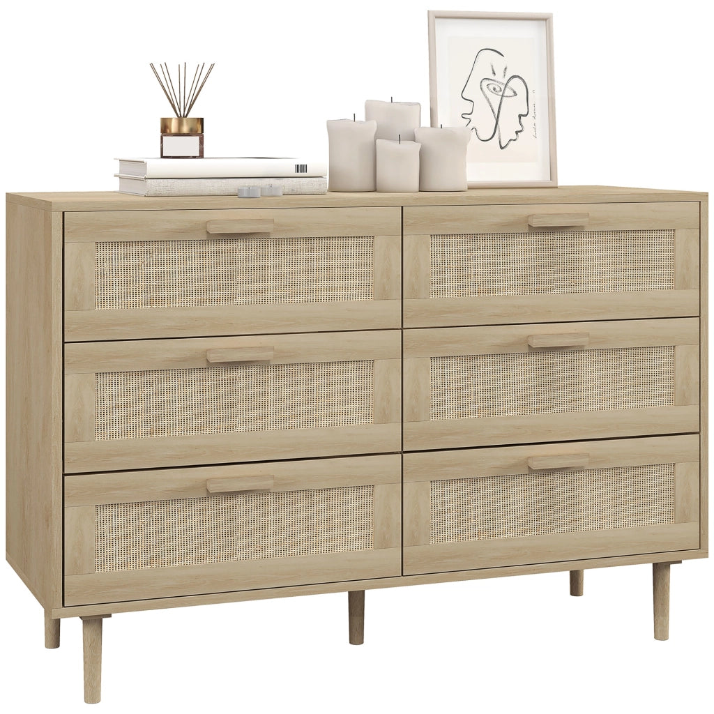 Cassettiera 6 Cassetti in Legno e Rattan Stile Boho per Soggiorno e Camera da Letto. 110x40x75 cm
