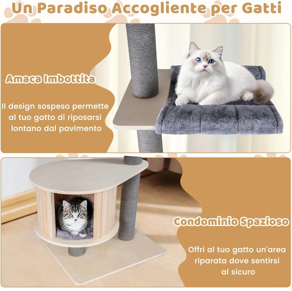 Albero per Gatti a 5 Piani, Tiragraffi per Gatti in Legno con Altezza Regolabile, Piattaforme, Condo, Tiragraffi, Piattaforme e Cuscini, Mobile da Interno per Gattini per Arrampicata