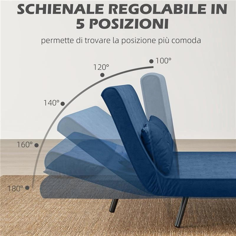 DIVANO LETTO 3 IN 1 IN TESSUTO EFFETTO VELLUTO CON SCHIENALE REGOLABILE E 2 CUSCINI 102X73X81 CM BLU