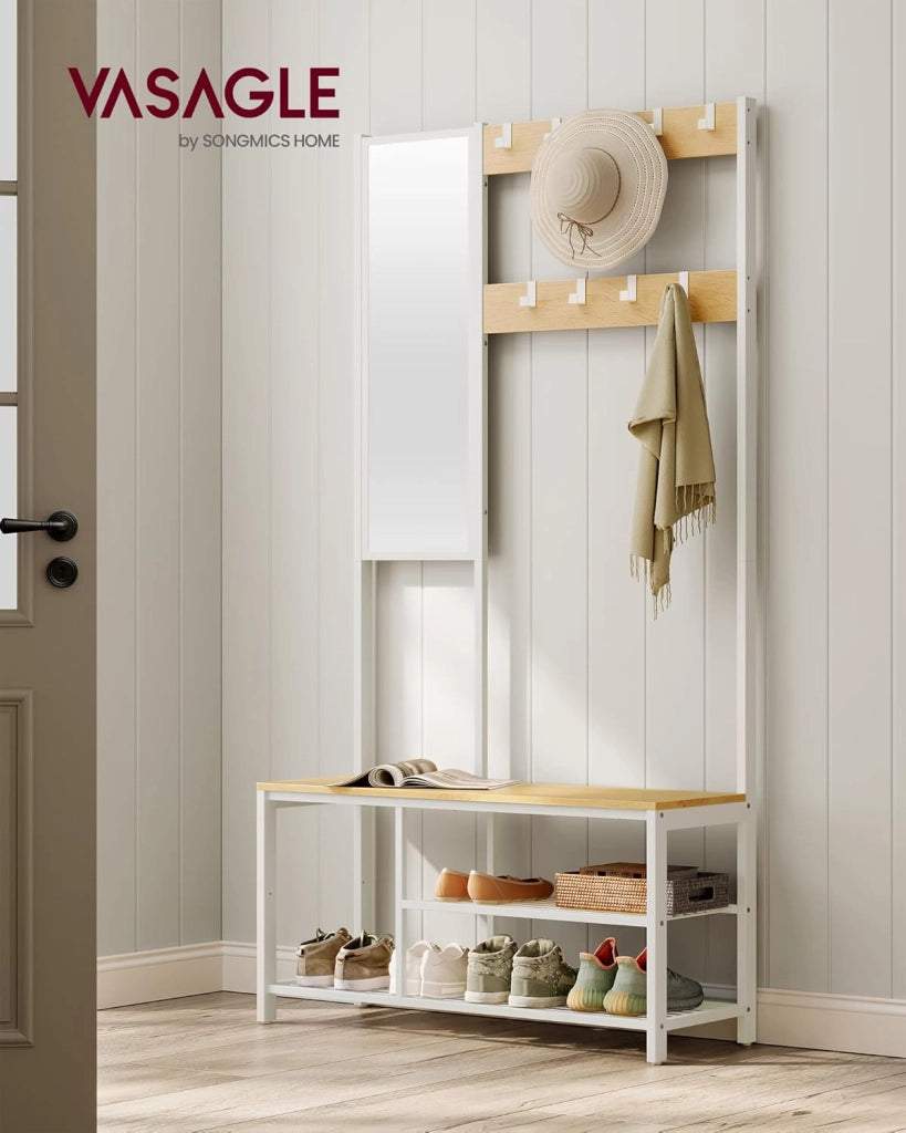 VASAGLE Appendiabiti, Mobile Ingresso con Ganci, Specchio, Panca Scarpiera e Ripiani, 36 x 98 x 185 cm, Corridoio Camera da Letto Salotto, Color Rovere e Bianco HSR050W09