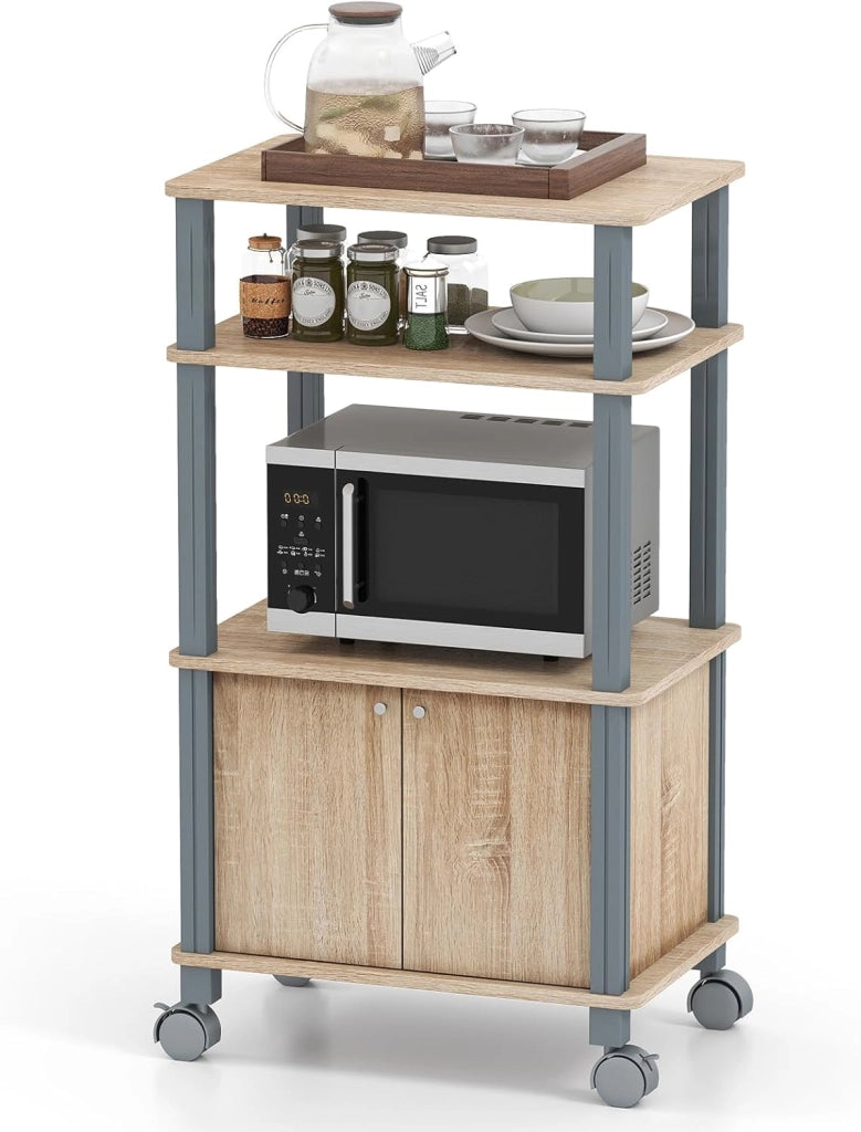 Carrello da Cucina a 3 Livelli per Microonde, Carrello Portaoggetti con Ruote e Armadio con Porta, Carrello di Servizio in Legno, Organizer per Sala da Pranzo, 60 x 40 x 98 cm (Marrone)