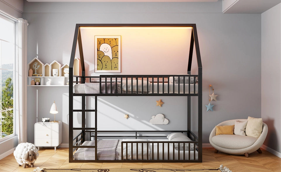 Letto a castello a forma di casa 140x200 con ringhiera e luci LED, nero