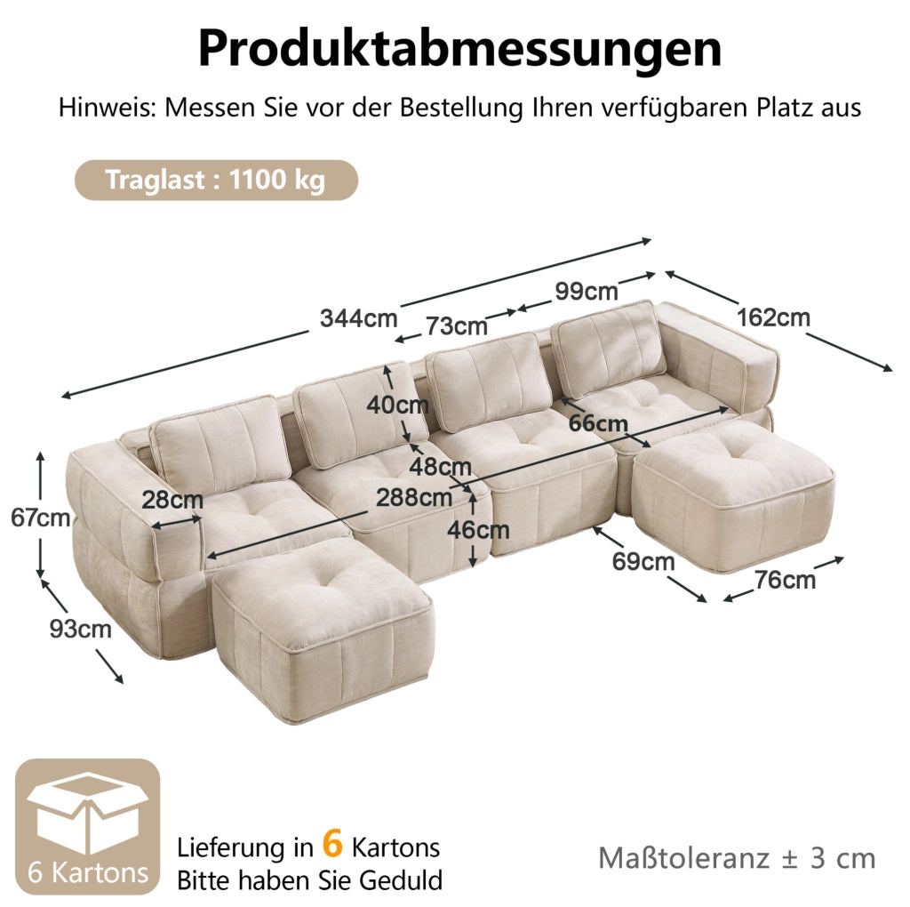 Divano modulare senza struttura 344 x 162 x 67 cm in poliestere beige