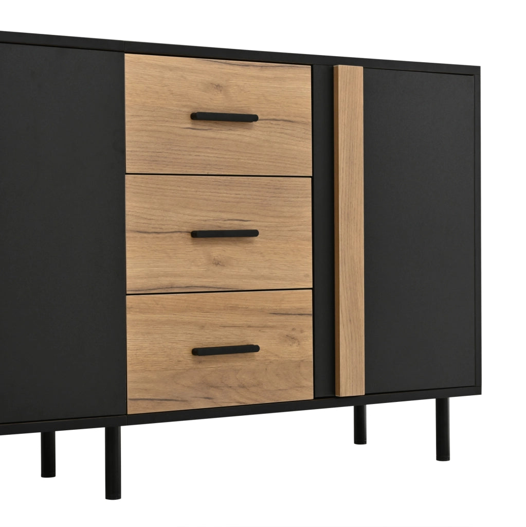 Credenza in MDF 140x35x70 cm con 3 ante; 3 cassetti e 6 gambe in metallo; nera