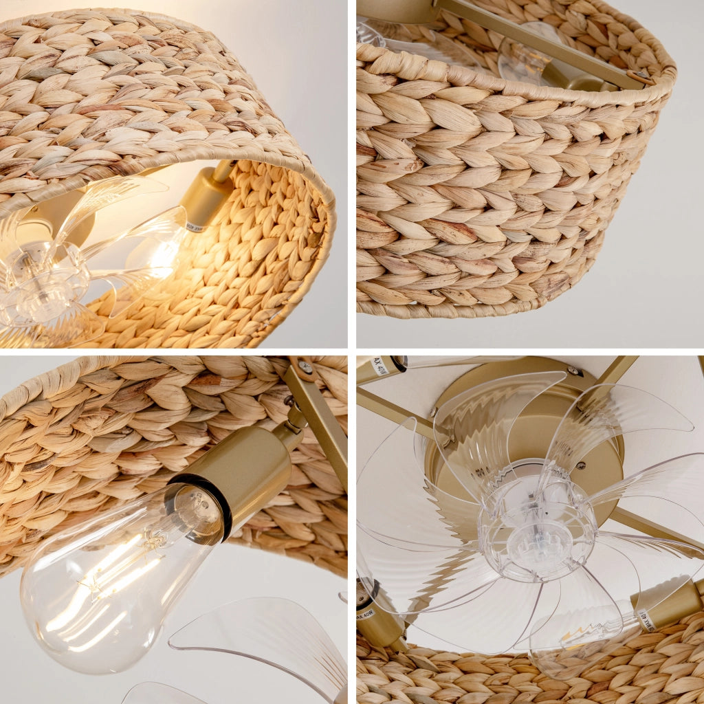 Ventilatore da soffitto con luce e paralume in rattan; 6 velocità; colore rame