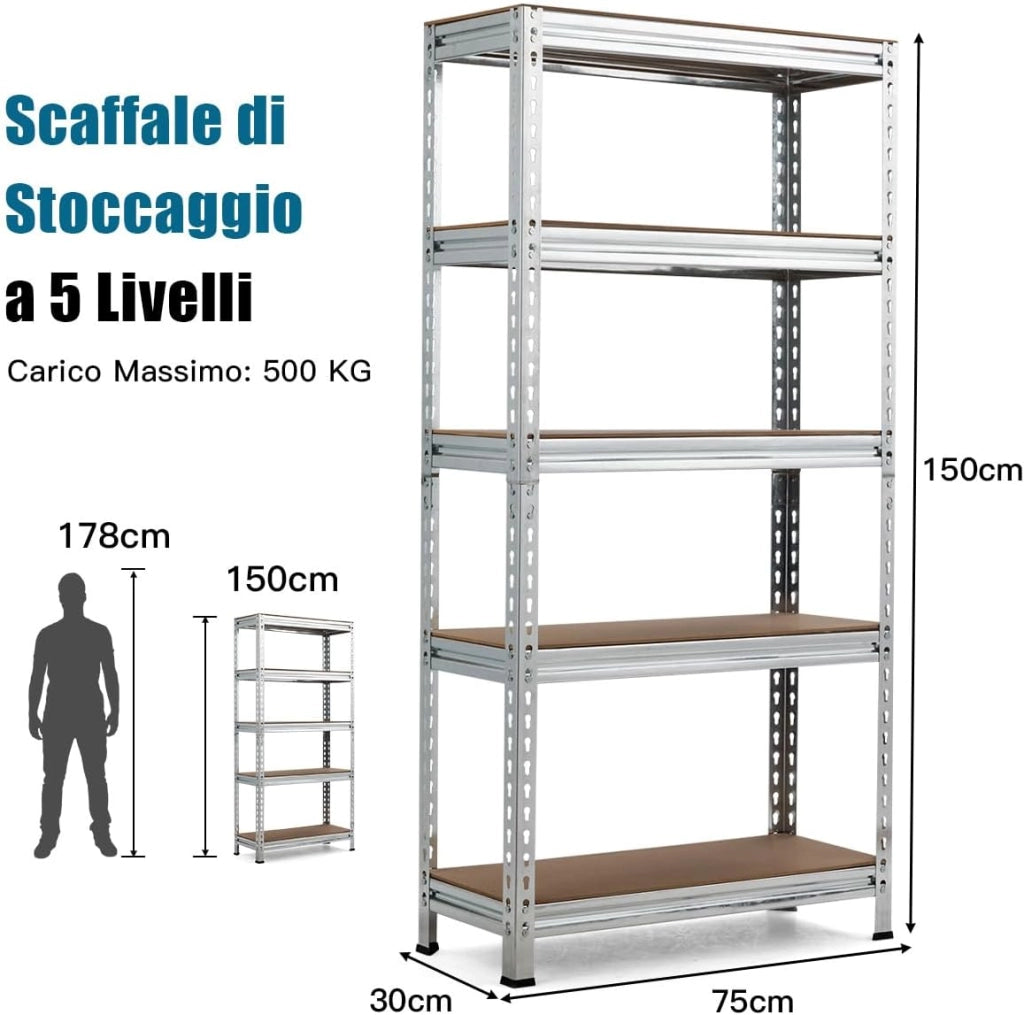 Scaffalature Metalliche a 5 Livelli, Scaffale per Garage Resistente con Ripiani Regolabili, Unità di Scaffalature Combinazioni Libere, 75x30x150 cm, Carico 500kg