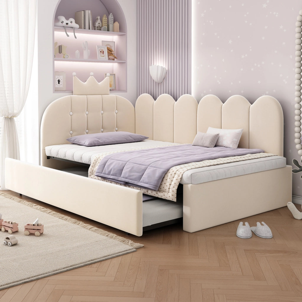 Letto singolo imbottito 90x200 cm con letto estraibile beige