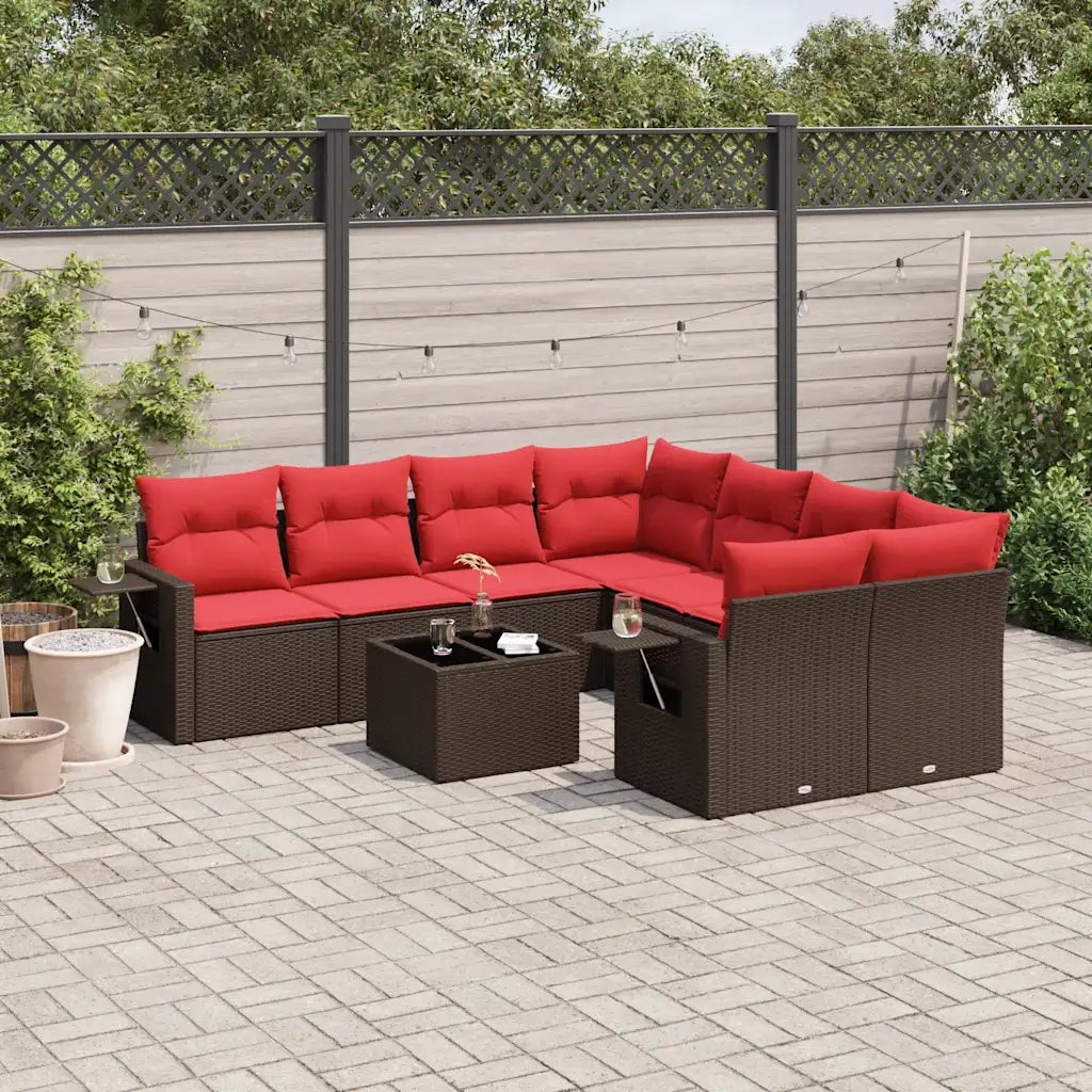 Set Divani da Giardino 9 pz con Cuscini Marrone in Polyrattan 3219963