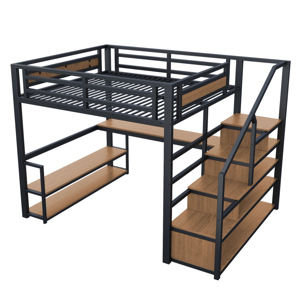 Letto a soppalco in metallo 140x200 cm nero con scrivania; ripiani e scala contenitiva