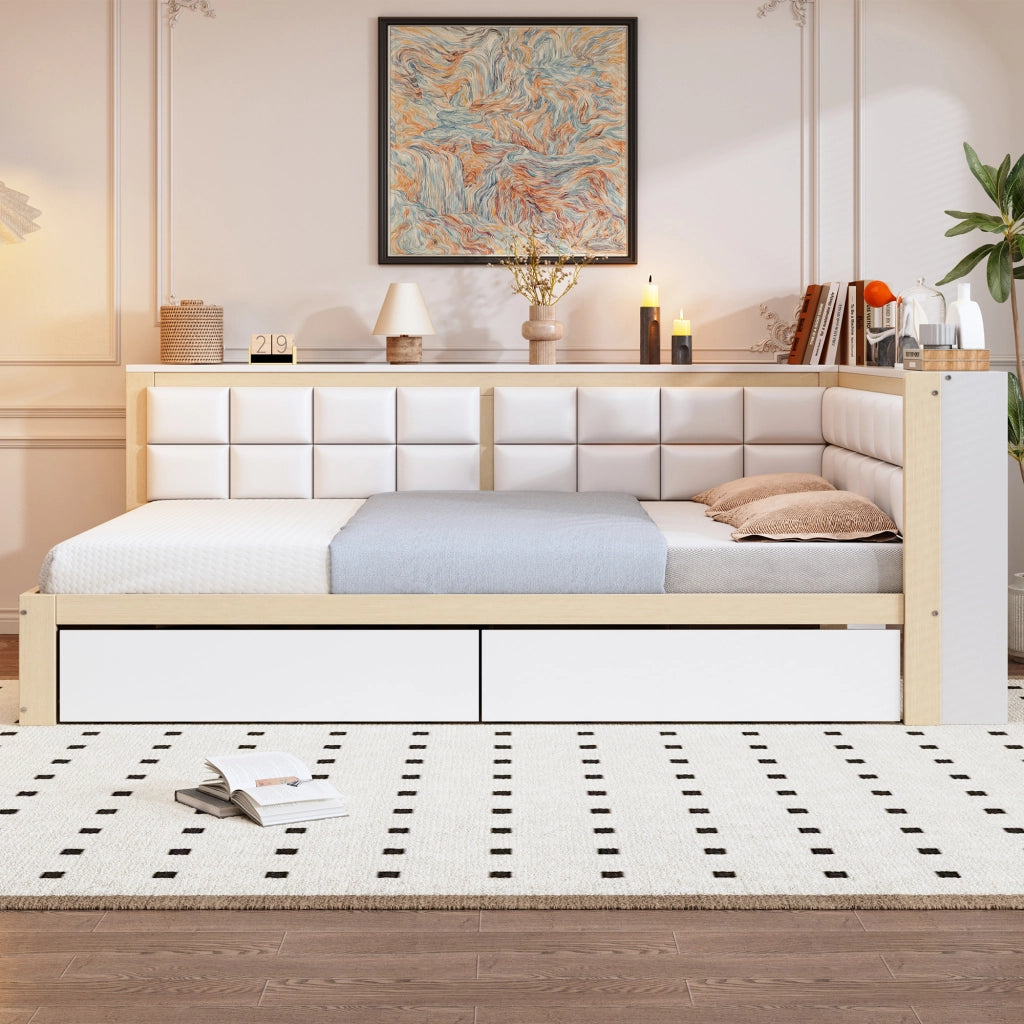 Letto a Divanetto 140 x 200 cm; Letto Singolo; 2 Cassetti e Schienale Morbido in Legno