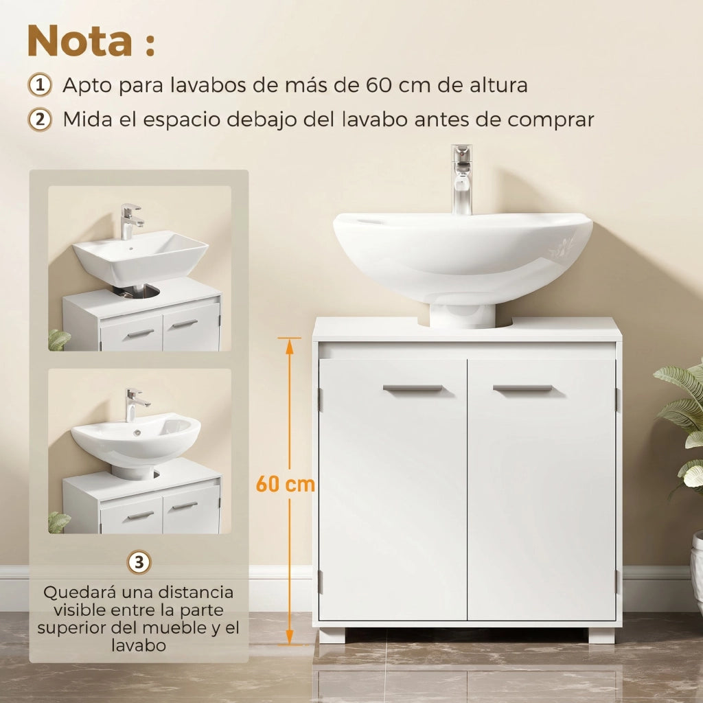 Mobile Sotto Lavabo con Ripiano Regolabile e 2 Ante 60x30x60 cm Bianco