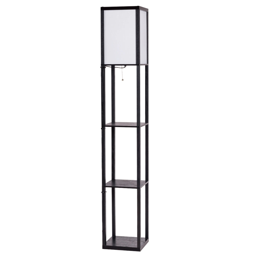 Scaffale legno con lampada per salone camera da letto studio, Lampada da terra con paralume e 3 mensole Nero