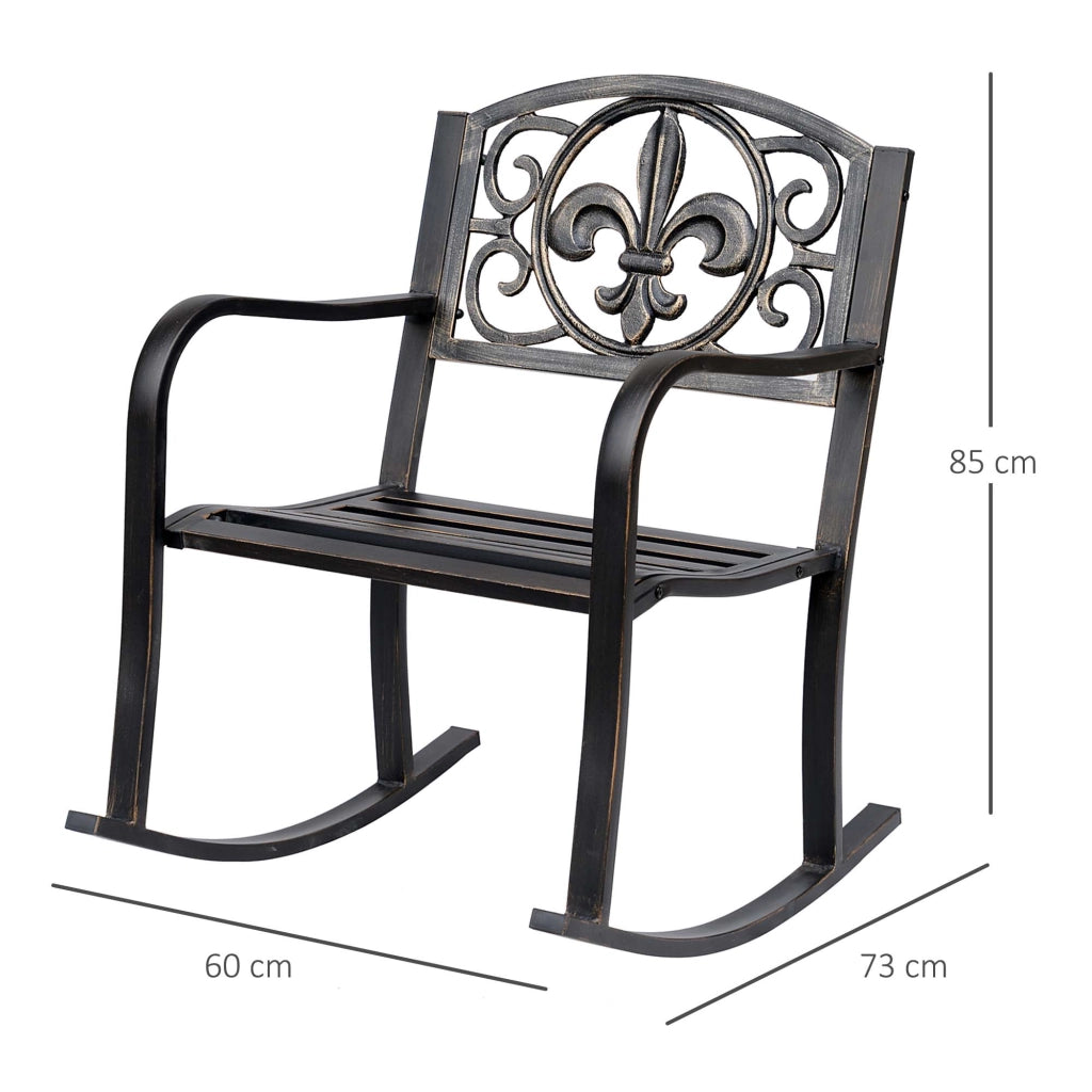 Sedia a dondolo antica in metallo in bronzo elegante e confortevole per patio e giardino