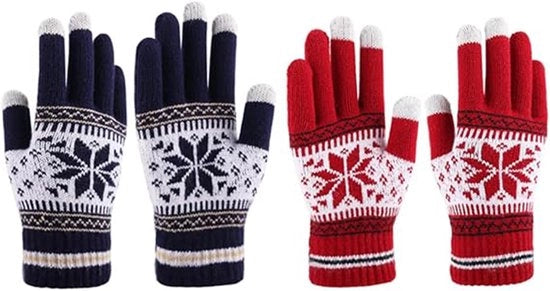 2 paia di guanti di lana caldi per l'inverno con fiocchi di neve natalizi touchscreen guanti a dito per uomo e donna (blu marino + rosso)