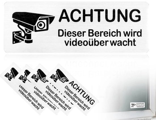 Pannello di avviso per telecamere 4 pezzi - Etichette autoadesive in alluminio - Dimensioni 8,5 x 3 cm - Alta qualità - Etichette per sistemi di sorveglianza