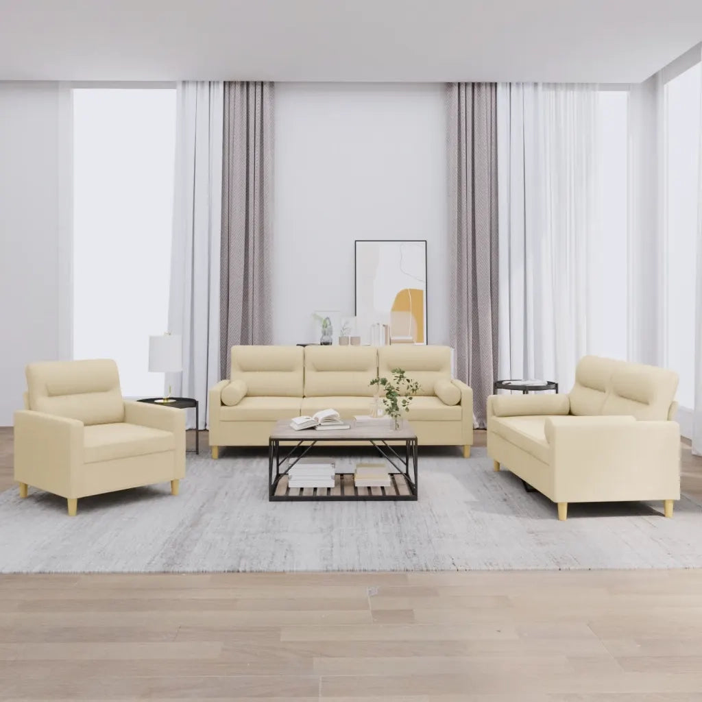 Set Divani 3 pz con Cuscini Crema in Tessuto 3201554