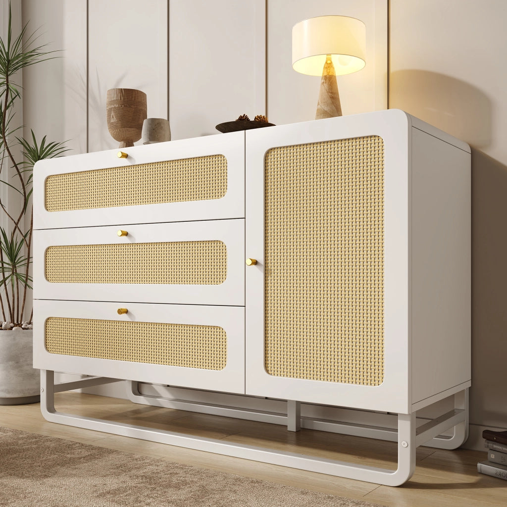 Armadio con Cassetti e Ante ¨C MINIMAL ¨C Bianco, Rattan, 120x85x40 cm