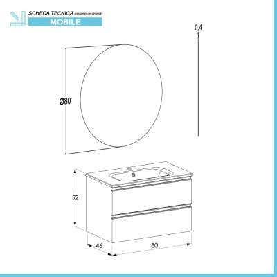 Mobile bagno sospeso 80 cm rovere miele con lavabo e specchio tondo Master