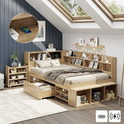 Letto bambini con contenitore 90x200 cm in legno naturale, con libreria e cassetti, senza materasso