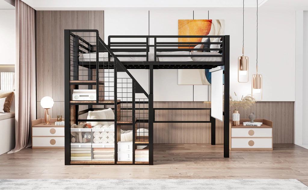 LETTO a soppalco 90x200 cm in metallo nero con scala e spazio contenitivo
