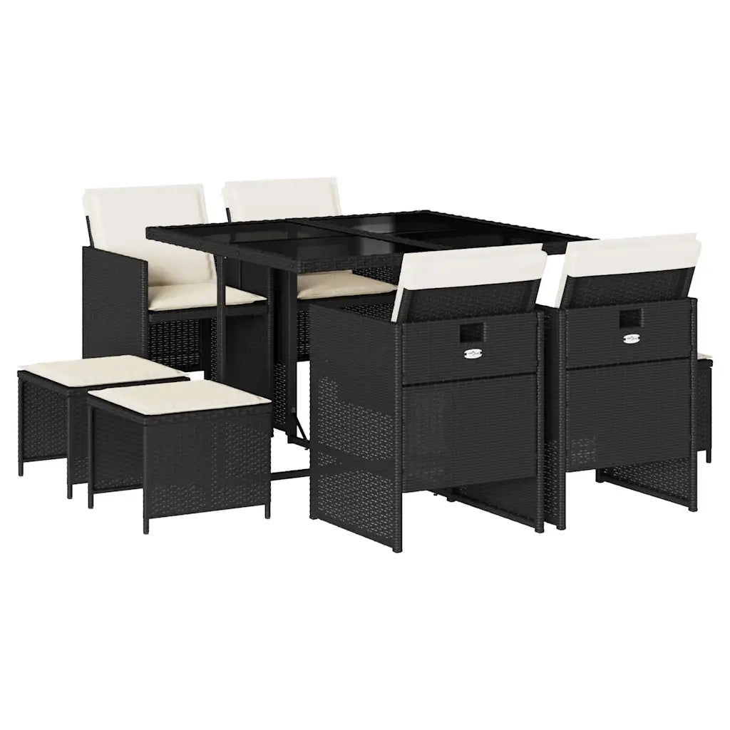 Set da Pranzo da Giardino 9 pz con Cuscini Nero in Polyrattan 3210594