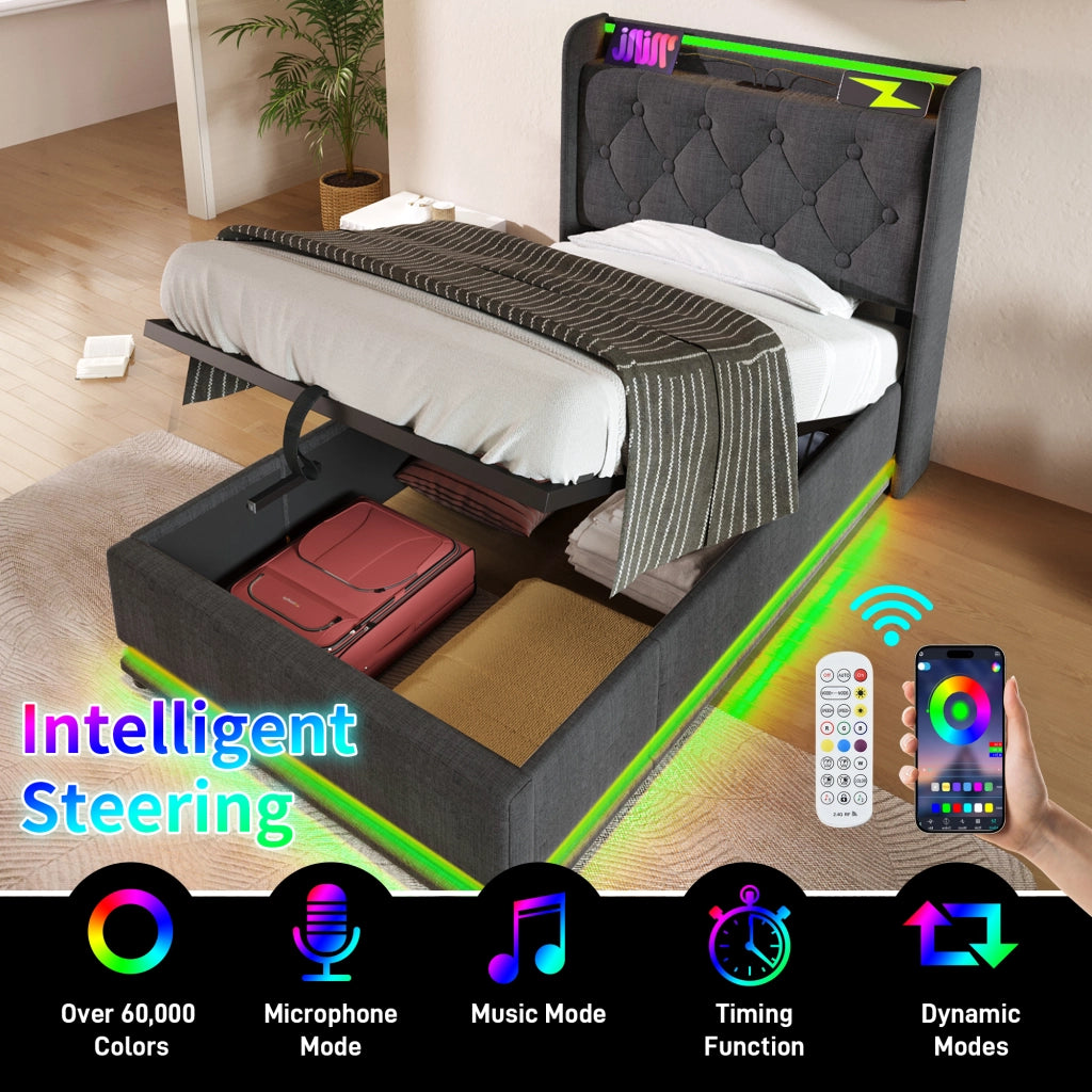 LETTO Singolo 90x200 cm Grigio in Lino con LED 360° e ricarica USB Type-C
