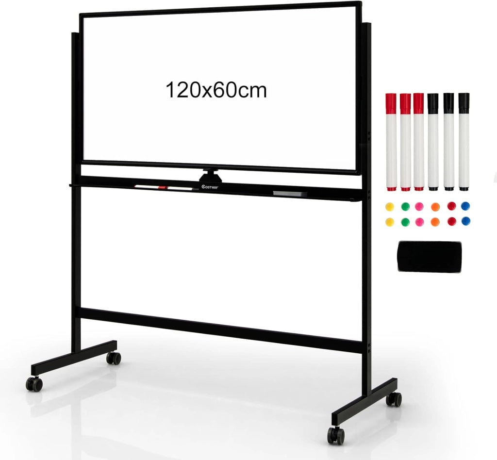 Lavagna Bianca Magnetica Doppia, Design Regolabile in Altezza con Ruote Bloccabili, 6 Pennarelli, 12 Calamite e 1 Cancellino, Ideale per Casa Ufficio e Scuola, 126 x 59 x 145/165 cm (Bianco)