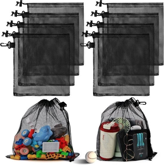 Set di 10 sacchetti in nylon nero con rete e cordino da traino - Set di 10 pezzi (15 x 20 cm)