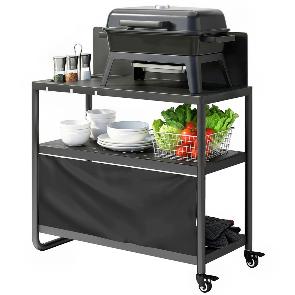Carrello Barbecue Mobile 3 Livelli con Paravento ¨C zephmum ¨C 100x46x110cm Nero
