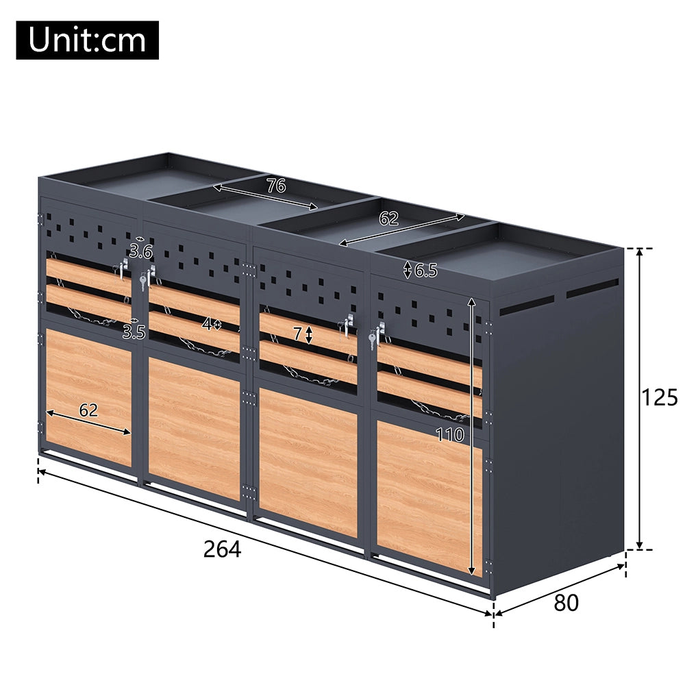 Box per rifiuti 4 posti con tetto vegetale - Xylo - 120-240 litri - Colore antracite - Porta in legno, estensibile