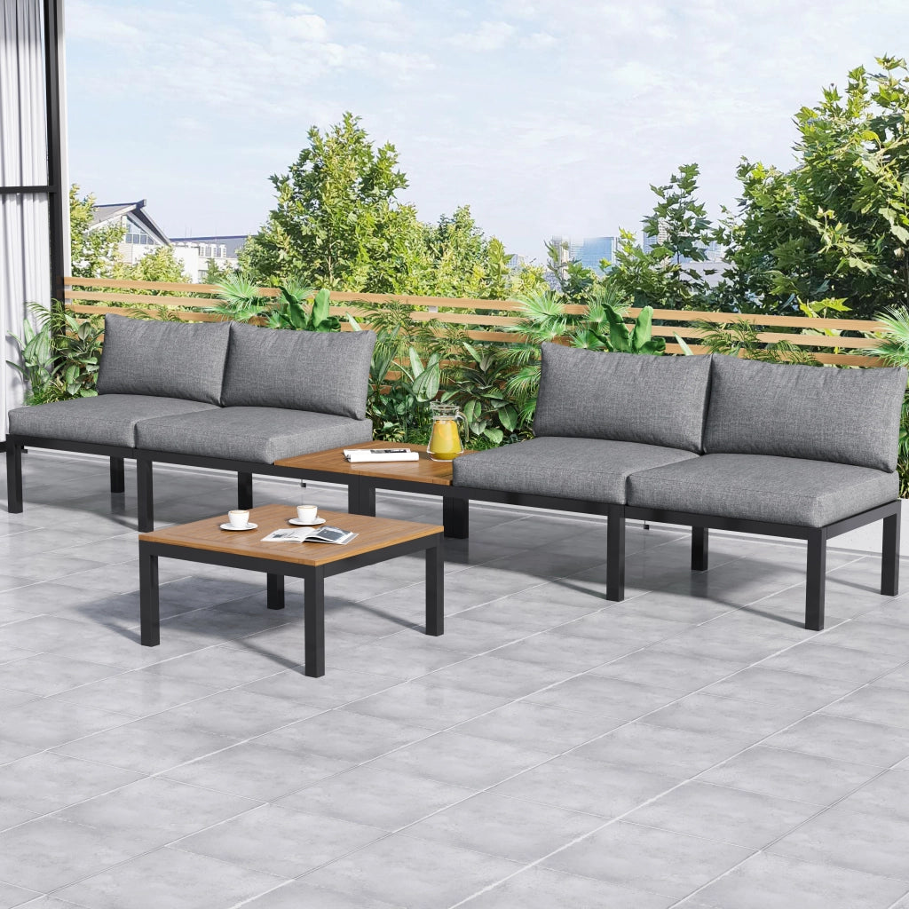 Set salotto giardino: 2 Divanooi 2 posti + 2 tavolini + 1 tavolo; piano acacia; cuscini tessuto; grigio