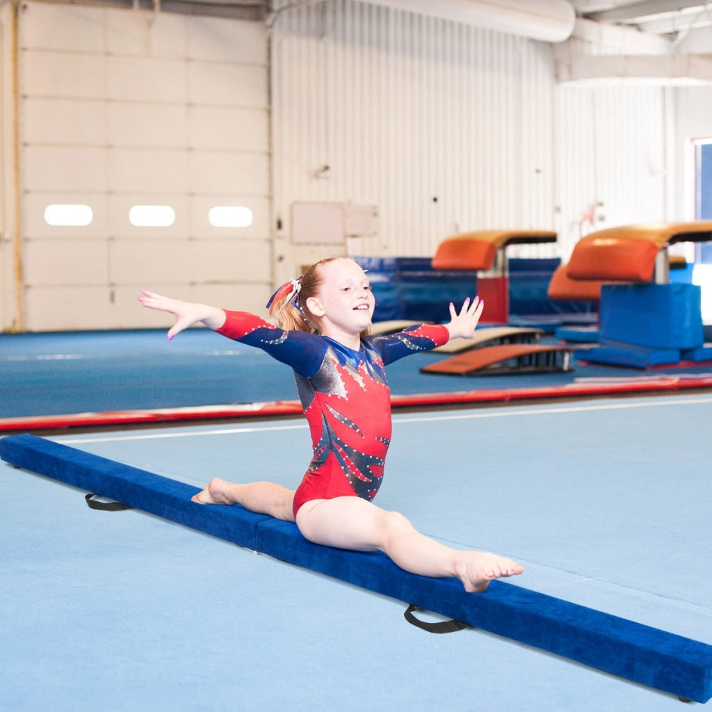 Trave 210 cm pieghevole da ginnastica con solida base di legno, Trave di equilibrio portatile con maniglie Blu