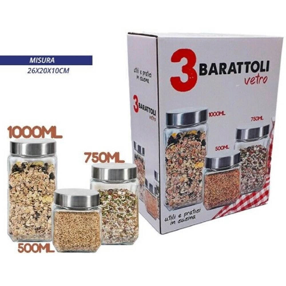 Trade Shop - Set 3 Tris Barattoli Vetro Con Coperchio Metallo Contenitori Pasta Biscotti -