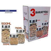 Trade Shop - Set 3 Tris Barattoli Vetro Con Coperchio Metallo Contenitori Pasta Biscotti -