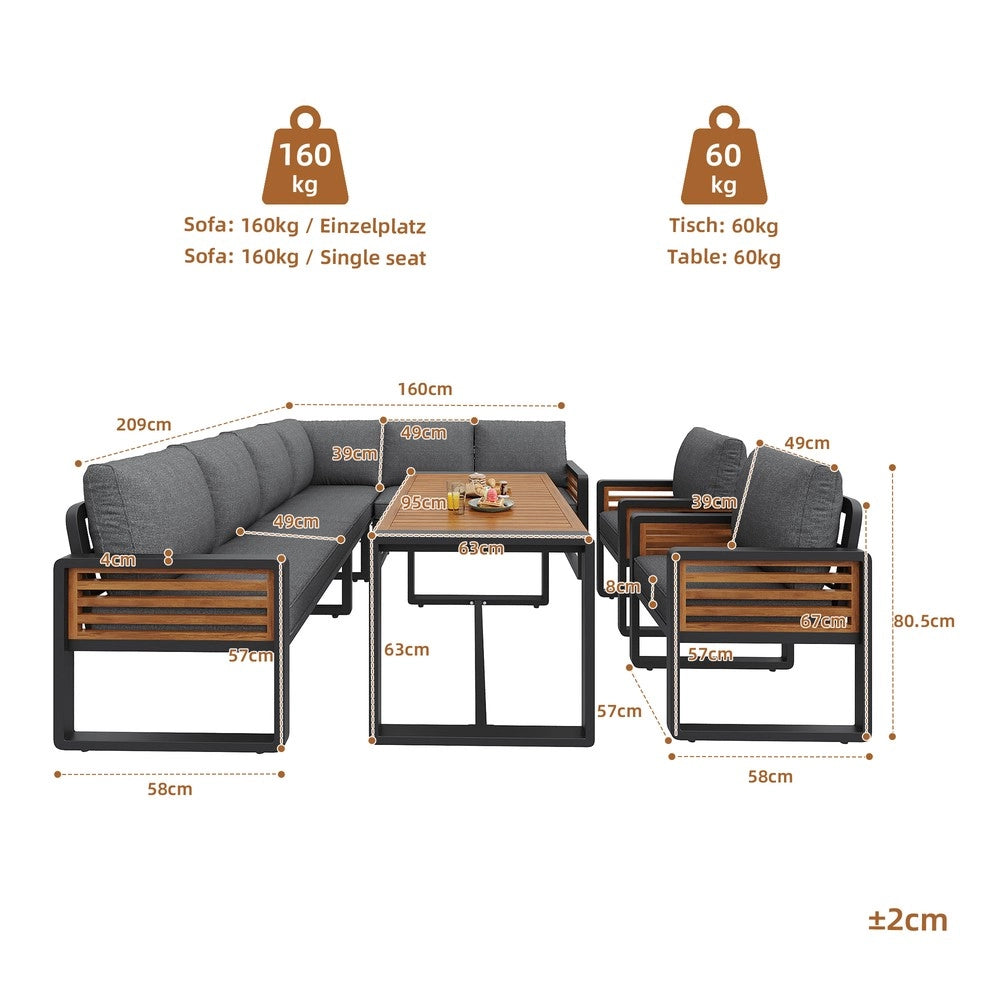 Set Lounge da Giardino 8 Posti con Tavolo in Legno Massello ¨C Xylo ¨C Grigio, Cuscini Inclusi