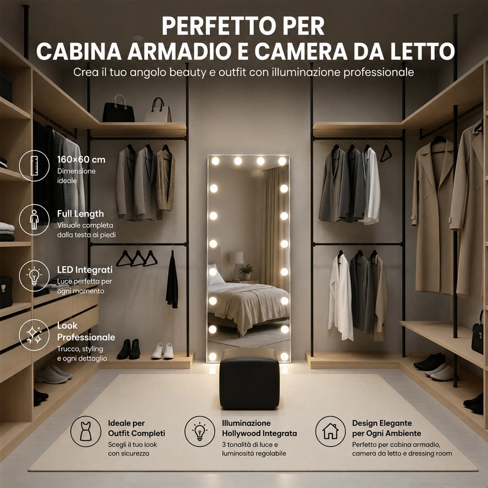 Specchio XXL Hollywood Figura Intera Indipendente con Led 3 Colori 60x160 cm