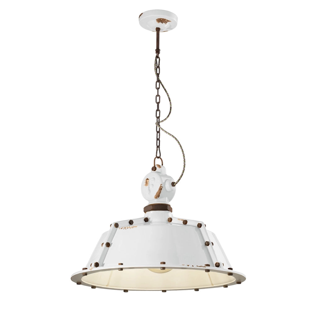 Lampadario Industrial Ferro E Ceramica Vintage Bianco 1 Luce E27 52Cm