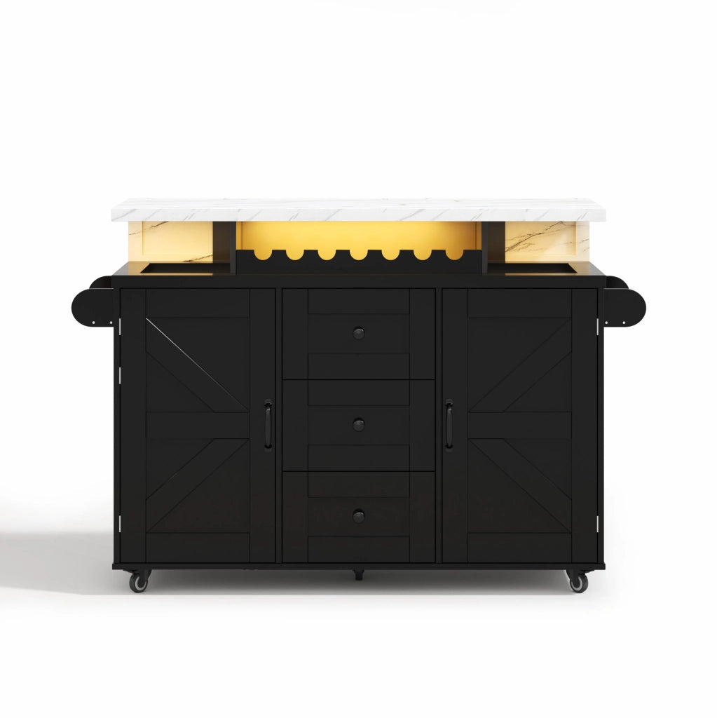Isola cucina con piano ribaltabile 138x60x93 cm in MDF nero; LED RGB; 2 porte e 3 cassetti