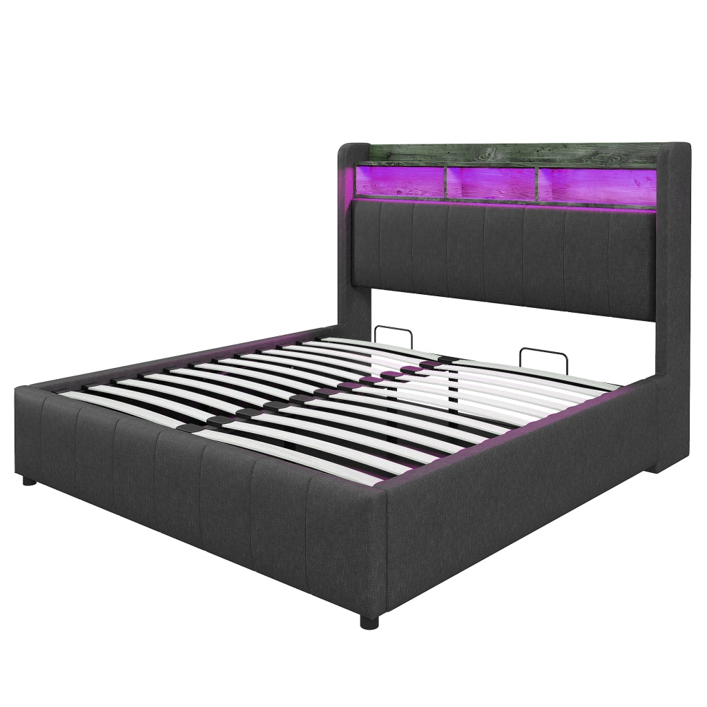 Letto imbottito 160x200 cm con LED variabili, porta USB e Type-C, contenitore idraulico e struttura in metallo, grigio